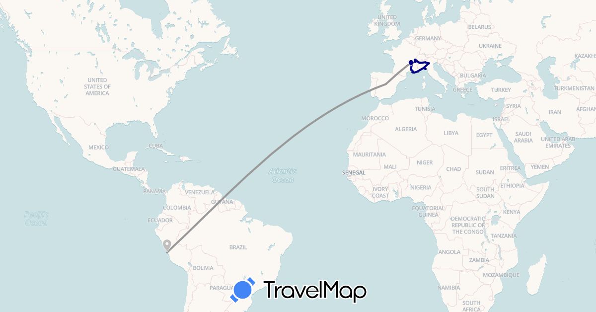 TravelMap itinerary: driving, plane in Switzerland, Spain, France, Italy, Peru (Europe, South America)